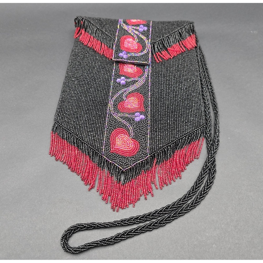 Beaded Purse Evening Bag Cross Body Heart Vine and Fringe Red and Black